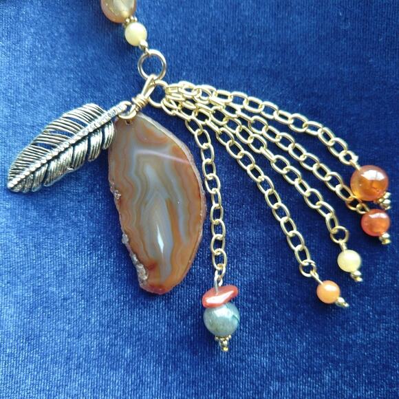 Natural Orange Agate Slice and Gold Feather Necklace strength courage protection - Picture 4 of 10